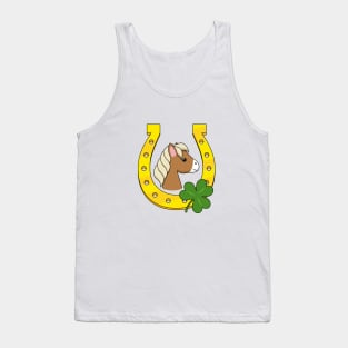 Cute Brown Horse with Golden Horse Shoe and Shamrock Tank Top